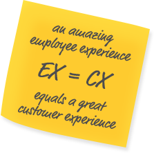 Sticky note with writing says employee experience equals customer experience